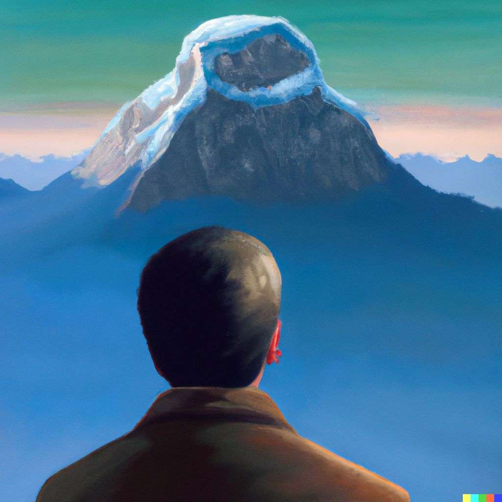 someone gazing at Mount Everest, painting by Rene Magritte